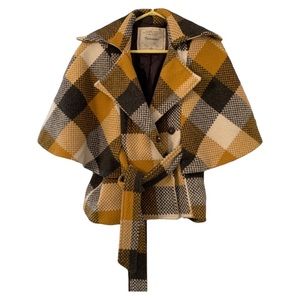 Anthropologie Cartonnier Belted Cape Coat Plaid Jacket Wool Blend Size S